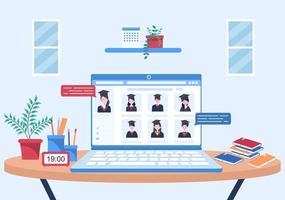 Online Virtual Graduation Day of Students Celebrating Background Vector Illustration Wearing Academic Dress, Graduate Cap and Holding Diploma in Communicate Via Video