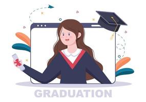 Día de graduación virtual en línea de estudiantes celebrando la ilustración de vector de fondo con vestimenta académica, gorra de posgrado y diploma en comunicación a través de video