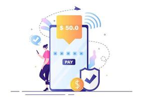 Online E-Banking App, Wallet or Bank Credit Card Vector Illustration with Technology, Data Protection, and Payment Security for Digital Payments Through Smartphones