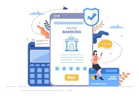 Online E-Banking App, Wallet or Bank Credit Card Vector Illustration with Technology, Data Protection, and Payment Security for Digital Payments Through Smartphones