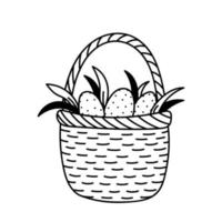 Wicker basket with Easter eggs isolated on white background. Vector hand-drawn illustration in doodle style. Suitable for Easter designs, cards, decorations.