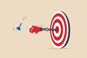 Tough time or career struggle, trouble, difficulty or obstacle to achieve business target, hard situation to losing competition, boxing glove come out of dartboard bullseye to punch dart from target. vector