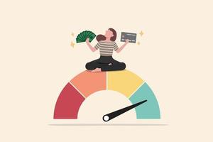 Good credit score for credit card spending with sufficient cash to pay debt create excellent personal financial plan, happy woman hold banknote and credit card sit above credit gauge at good rating. vector