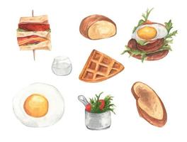 Watercolor painted collection of Different types of morning breakfast sets. vector