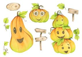 Halloween holiday cute element set. Watercolor illustration. vector