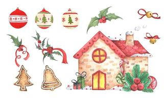 Set of Christmas decorations. Watercolor illustration. vector