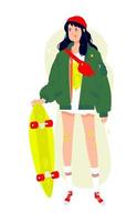 Ilustración de una chica de moda con un longboard. vector. morena con una chaqueta verde y una gorra roja. imagen casual. estilo de dibujos animados. la imagen está aislada en un fondo blanco. mirada de moda. vector