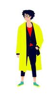 Illustration of a young man in a bright yellow cloak. Vector. Stylish hipster in a suit. Fashionable guy with glasses and green sneakers. Generation Z, millennial. vector