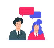 Illustrations of man and woman in business suits. Vector. The couple communicates on the Internet or live. Chatting with a partner. Avatars of a girl and a guy. vector