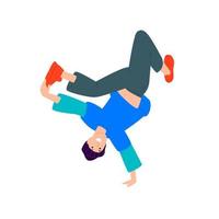 Illustration of a guy dancing upside down. Vector. A young dancer is standing on one arm. Flat style. Image isolated on a white background. Booty to the top. The guy is dancing break dance. vector