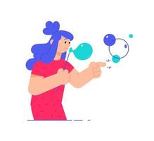 Illustration of a girl with soap bubbles. Vector. A woman in a pink dress makes dreams come true. Chatting, metaphor. Soap bubbles as a symbol of SMS messages and chatting. Cute girlish look. vector