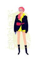 Illustration of a young fashionable girl with a phone. Vector. Red-haired girl in a black jacket and glasses. Buyer and shopaholic. Cartoon style. Against the background of a gothic element. vector