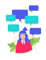 Illustration of a girl with text messaging. Vector. Woman in a pink jacket with comic bubbles. User profile for the site. Conversation in the messenger. Women's talk and gossip. vector