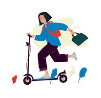 Illustration of a girl on an electric scooter. Vector. A woman in a hurry to study or work. Youth business female image. Asian look. Flat style. Mascot for the company. vector