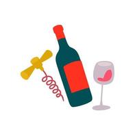 Illustration of a bottle of wine, a glass and a corkscrew. Vector. Sticker for wine drinks. Icon for website and label. Badge for wine lovers. vector