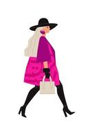 Illustration of a bright girl in a black hat. Vector. Glamorous image of a lady in pink. Flat style.