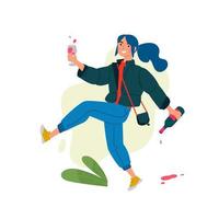 Illustration of a girl with a glass of wine and a bottle. Vector. A woman celebrates a holiday and runs to a meeting with her friends. Rest and party. Fun all night. vector