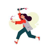 Ilustración de una niña con una copa de vino y una botella. vector. una mujer celebra una fiesta y corre a una reunión. descanso y fiesta. divertido toda la noche. una señorita un poco borracha, sin complejos. vector