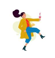 Illustration of a girl with a glass of wine. Vector. A woman celebrates a holiday, drinks wine and dances. Rest and party. Fun all night. A little bit drunk lady, without complexes. Flat style.