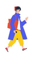 Illustration of a young man in a blue cloak and with a brown bag. Vector. Stylish hipster in yellow pants. A fashionable guy walks in a red cap and with a phone. vector