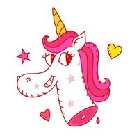 Ilustración de un lindo unicornio con una melena rosa. vector. la cabeza rota de un unicornio viviente. patrón para tela, ropa o papel de regalo. personaje irónico kawaii. vector