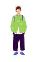 Illustration of a young man in a bright green shirt. Vector. Stylish hipster in dark pants. Fashionable guy in a red cap with a backpack and in blue beauties. Generation Z, millennial. A handsome boy. vector