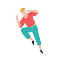 Illustration of a guy running to the viewer. Vector. A young boy rejoices in victory and greets us. Flat style. Image isolated on a white background. Nice man. vector