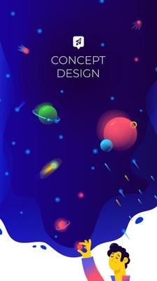 Illustration of free space, planets and satellites. Vector. The guy sleeps and dreams. Flat gradient. A metaphor about dreams and goals. A man creates other worlds, including his beautiful world.