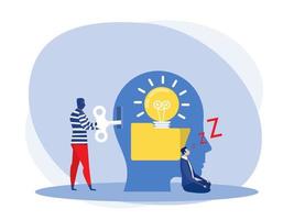 businessman sleeping or Tired creating an idea with Man steal idea from unlock a bulb concept Vector flat illustration.