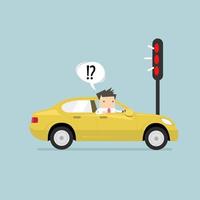 Businessman confusing with red traffic light. vector