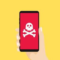 Hand holding smartphone with speech bubble and skull and crossbones on screen. vector