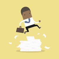 African businessman or manager jumping over obstacles. Large stack of documents. vector