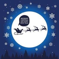 Feliz navidad y próspero año nuevo banner de vacaciones. silueta de santa claus en trineo con renos en la luna, las estrellas y el fondo de nieve. vector