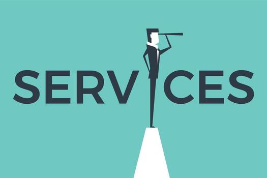 Service concept vector illustration with business man looking through telescope from a cliff.