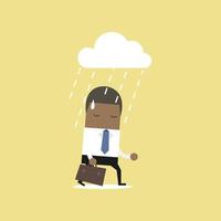 empresario africano deprimido caminando bajo la lluvia. vector