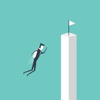 Businessman flying to white flag on cliff, business vision concept. vector