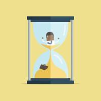 African businessman be trapped in hourglass and sinking in sand. Expired deadline, business time management, time is running out themes design. vector