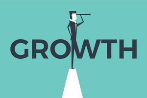 Growth concept vector illustration with business man looking through telescope from a cliff.