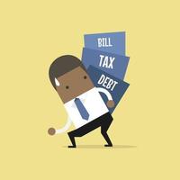 African businessman carry pile of debt, tax and bill. vector