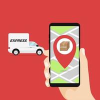Express delivery concept. Delivery service app on mobile phone in hand. Delivery truck and mobile phone with city background. vector
