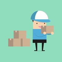 Delivery man in blue uniform holding boxes. vector