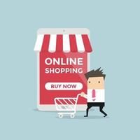 Businessman with shopping cart in front of online store. vector