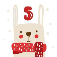 Winter vector Illustration of nordic rabbit in scarf. Christmas Advent calendar twenty five days before holiday xmas, five Day. cute scandinavian hand drawn