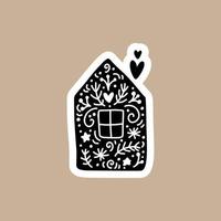 Christmas Black vector sticker with cute and funny house. Hand drawn scandinavian badge character for notebook, scrapbook, smartphone or planner. flat graphic isolated illustration