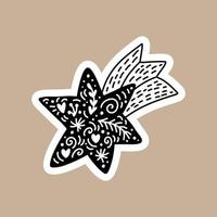 Christmas Black vector sticker with cute and funny star. Hand drawn scandinavian badge character for notebook, scrapbook or planner. flat graphic isolated illustration