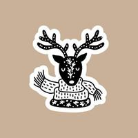 Christmas Black vector sticker with cute and funny santa deer. Hand drawn scandinavian badge character for notebook, scrapbook or planner. flat graphic isolated illustration