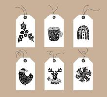 conjunto de etiquetas de elementos navideños escandinavos doodle dibujados a mano. colección invierno vacaciones vector alegre taza arcoíris pájaro ciervo copo de nieve decorativo hygge elementos navideños