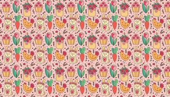 felices pascuas feriado garabatos conejito conejito pastel de magdalena pollo gallina flor zanahoria patrón textura fondo pancarta diseño de empaque vector