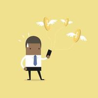 African businessman with money flying out from smartphone. vector