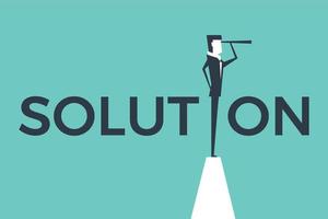 Solution concept vector illustration with business man looking through telescope from a cliff.